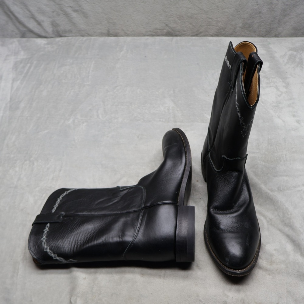 Justin Mens 11D Western Boots Black Leather Stitched Roper Cowboy USA VTG 3233
